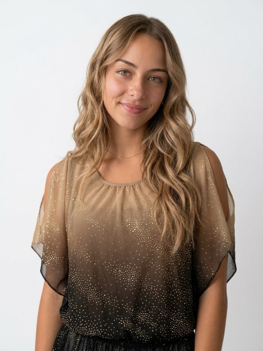 Dressbarn Women's Gold Ombre Glitter Blouse Size S Flutter Sleeve - Picture 1 of 8